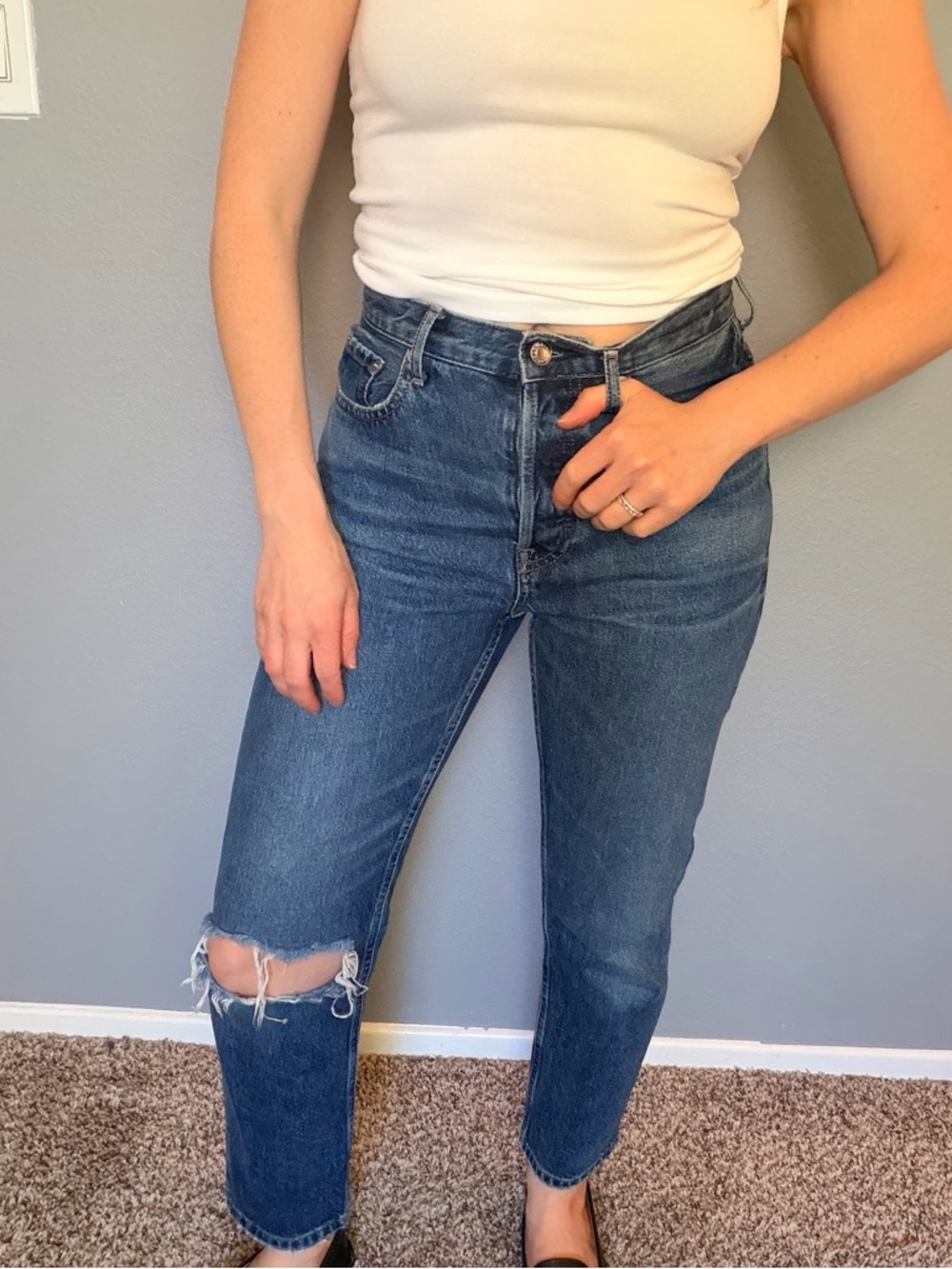 Everlane Blue High-Rise Straight Leg Jeans with Knee Rip